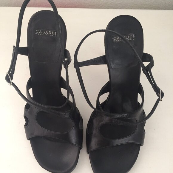 CASADEI STRAPPY BLACK OPEN TOE CUT OUT HEELS ADJUSTABLE BUCKLE CLOSURE - Picture 5 of 10